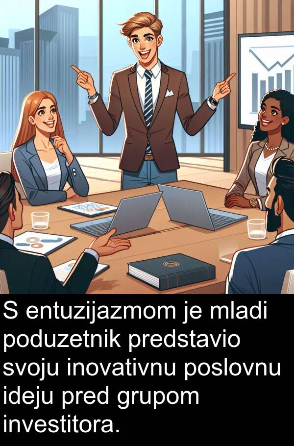 investitora: S entuzijazmom je mladi poduzetnik predstavio svoju inovativnu poslovnu ideju pred grupom investitora.