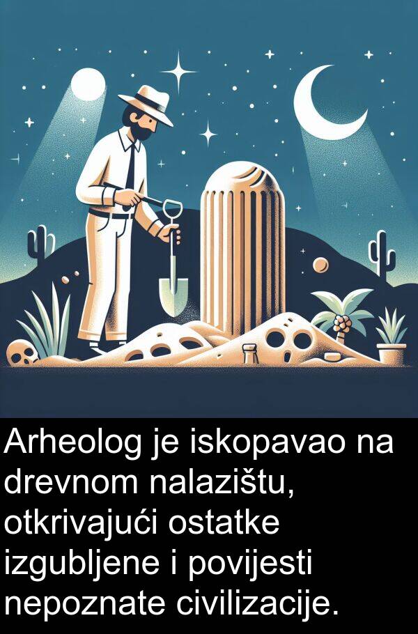 iskopavao: Arheolog je iskopavao na drevnom nalazištu, otkrivajući ostatke izgubljene i povijesti nepoznate civilizacije.