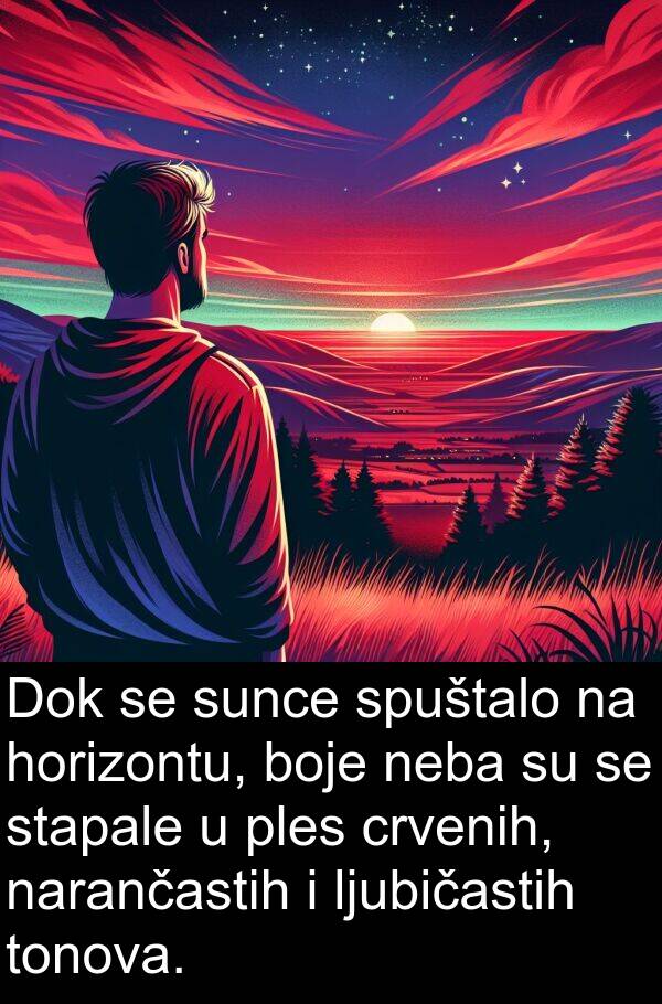 horizontu: Dok se sunce spuštalo na horizontu, boje neba su se stapale u ples crvenih, narančastih i ljubičastih tonova.