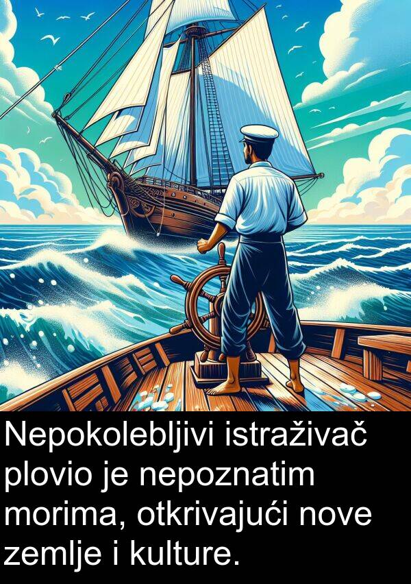 otkrivajući: Nepokolebljivi istraživač plovio je nepoznatim morima, otkrivajući nove zemlje i kulture.