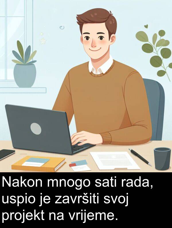 sati: Nakon mnogo sati rada, uspio je završiti svoj projekt na vrijeme.