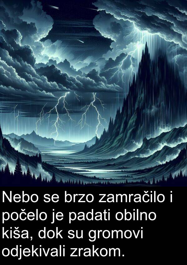 kiša: Nebo se brzo zamračilo i počelo je padati obilno kiša, dok su gromovi odjekivali zrakom.