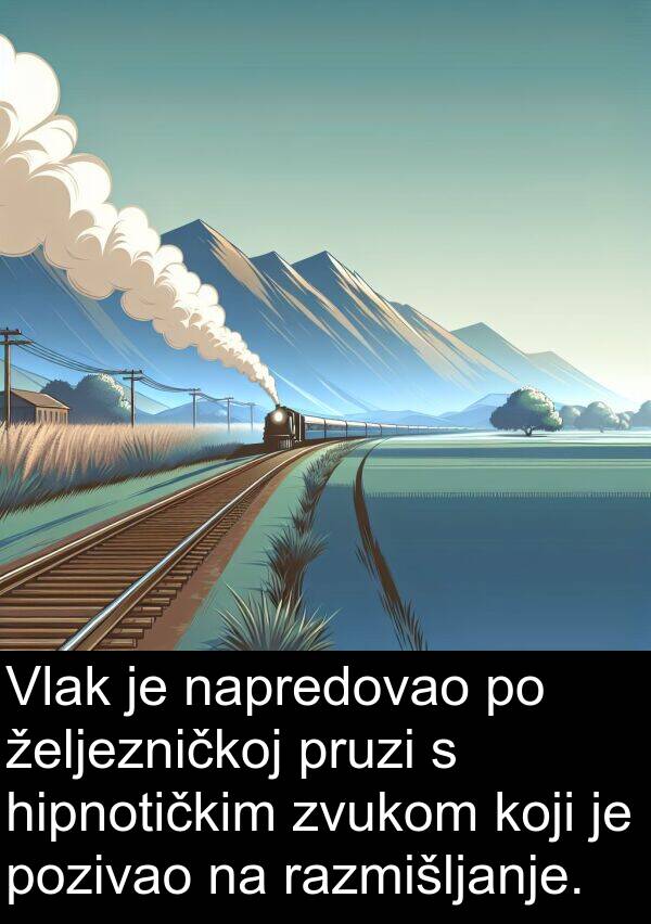 hipnotičkim: Vlak je napredovao po željezničkoj pruzi s hipnotičkim zvukom koji je pozivao na razmišljanje.
