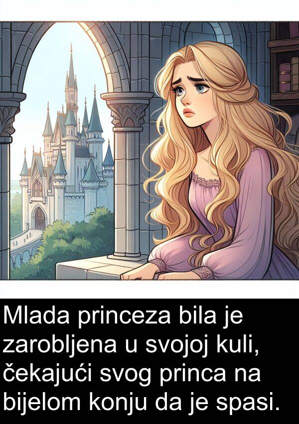 čekajući: Mlada princeza bila je zarobljena u svojoj kuli, čekajući svog princa na bijelom konju da je spasi.
