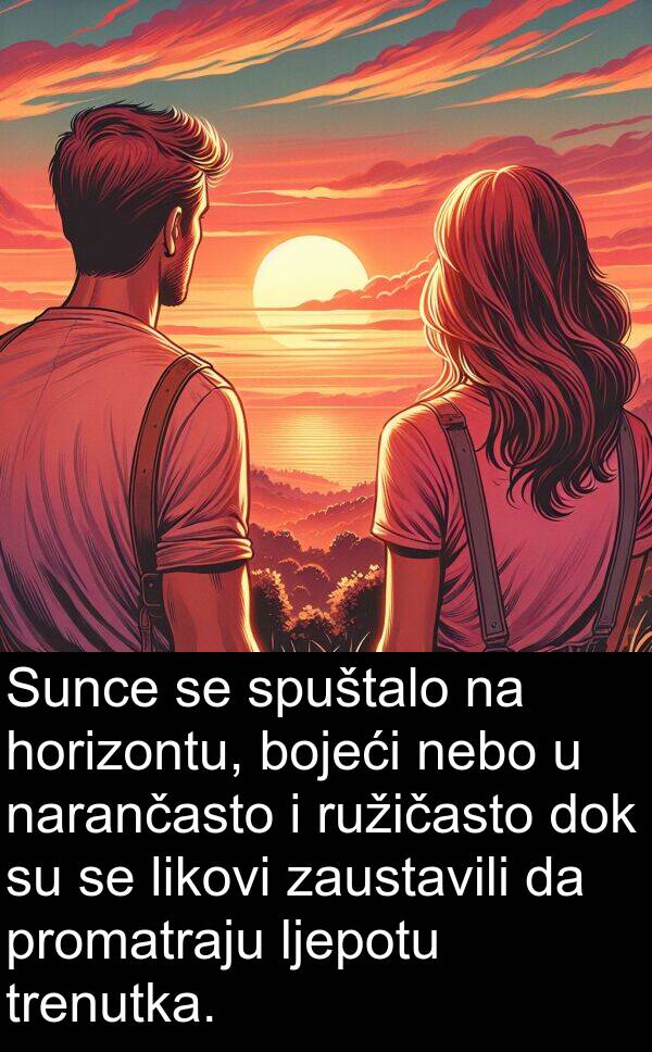 nebo: Sunce se spuštalo na horizontu, bojeći nebo u narančasto i ružičasto dok su se likovi zaustavili da promatraju ljepotu trenutka.