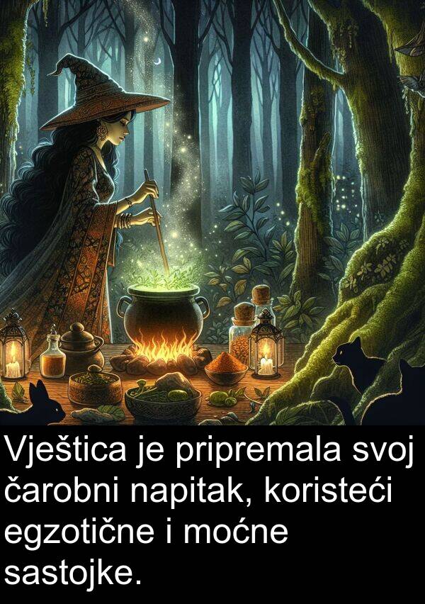 napitak: Vještica je pripremala svoj čarobni napitak, koristeći egzotične i moćne sastojke.