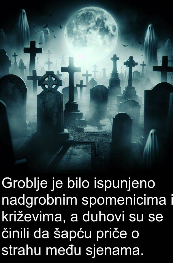 među: Groblje je bilo ispunjeno nadgrobnim spomenicima i križevima, a duhovi su se činili da šapću priče o strahu među sjenama.