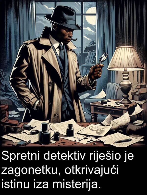 detektiv: Spretni detektiv riješio je zagonetku, otkrivajući istinu iza misterija.