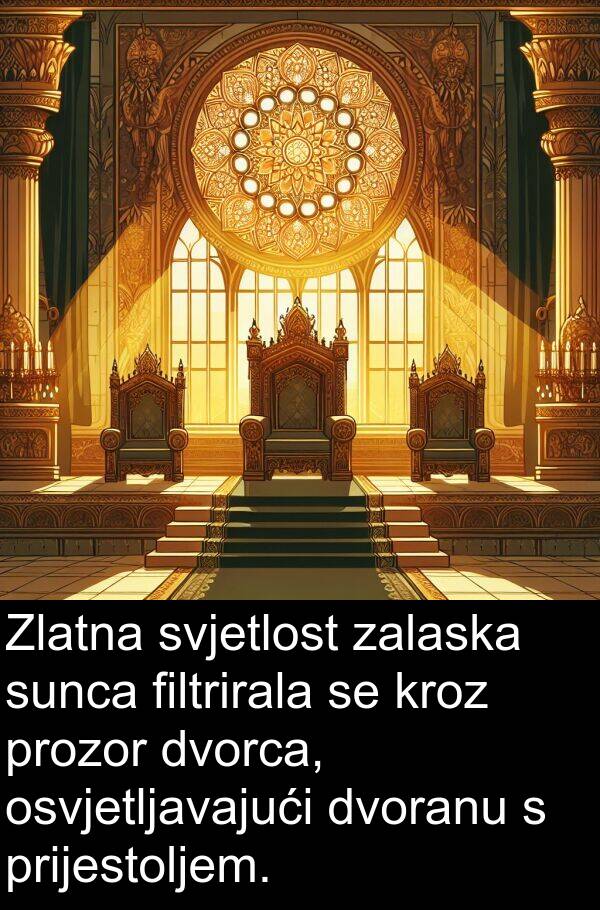 zalaska: Zlatna svjetlost zalaska sunca filtrirala se kroz prozor dvorca, osvjetljavajući dvoranu s prijestoljem.