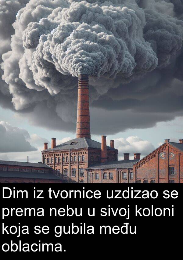oblacima: Dim iz tvornice uzdizao se prema nebu u sivoj koloni koja se gubila među oblacima.