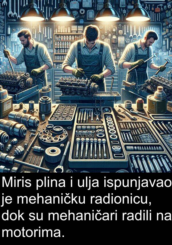 mehaničku: Miris plina i ulja ispunjavao je mehaničku radionicu, dok su mehaničari radili na motorima.