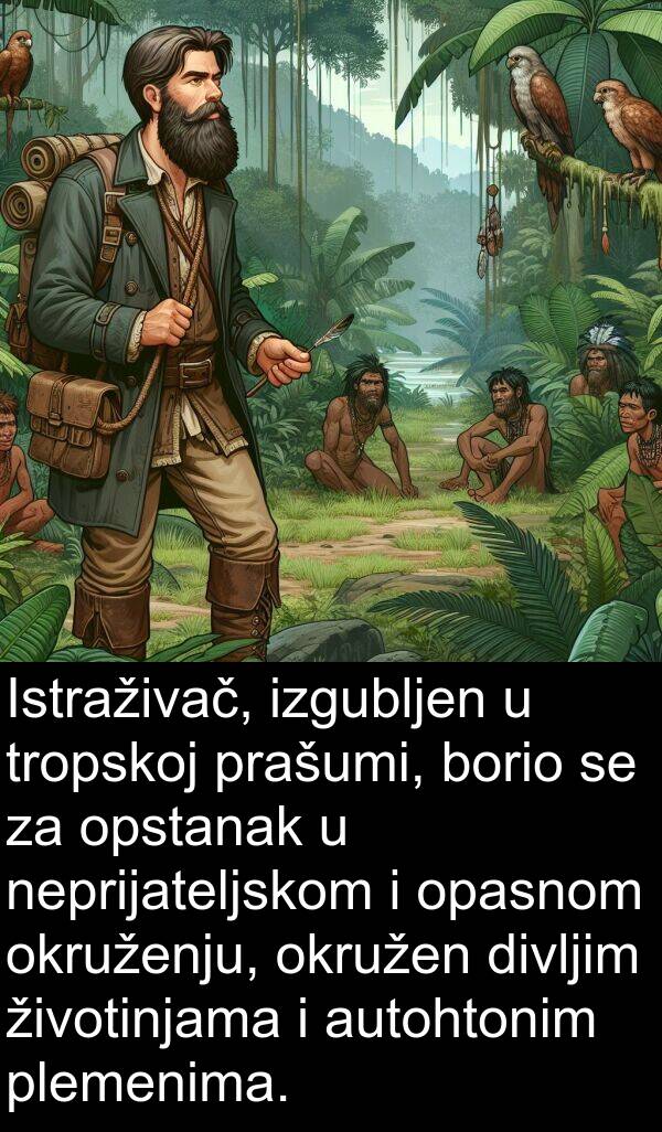 autohtonim: Istraživač, izgubljen u tropskoj prašumi, borio se za opstanak u neprijateljskom i opasnom okruženju, okružen divljim životinjama i autohtonim plemenima.