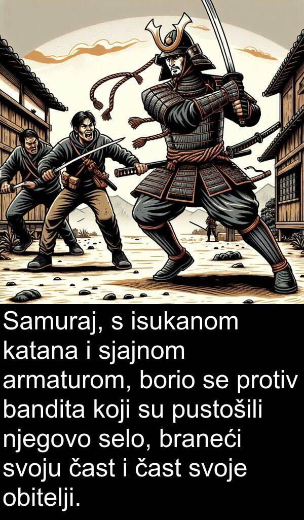 armaturom: Samuraj, s isukanom katana i sjajnom armaturom, borio se protiv bandita koji su pustošili njegovo selo, braneći svoju čast i čast svoje obitelji.