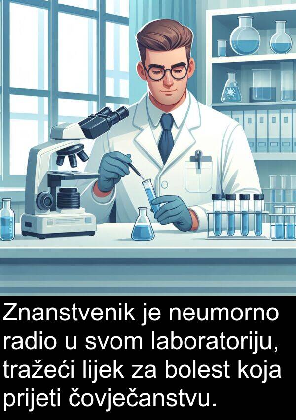 čovječanstvu: Znanstvenik je neumorno radio u svom laboratoriju, tražeći lijek za bolest koja prijeti čovječanstvu.