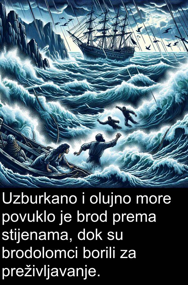 brod: Uzburkano i olujno more povuklo je brod prema stijenama, dok su brodolomci borili za preživljavanje.