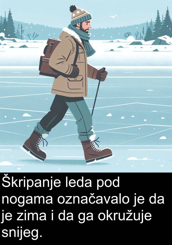 nogama: Škripanje leda pod nogama označavalo je da je zima i da ga okružuje snijeg.