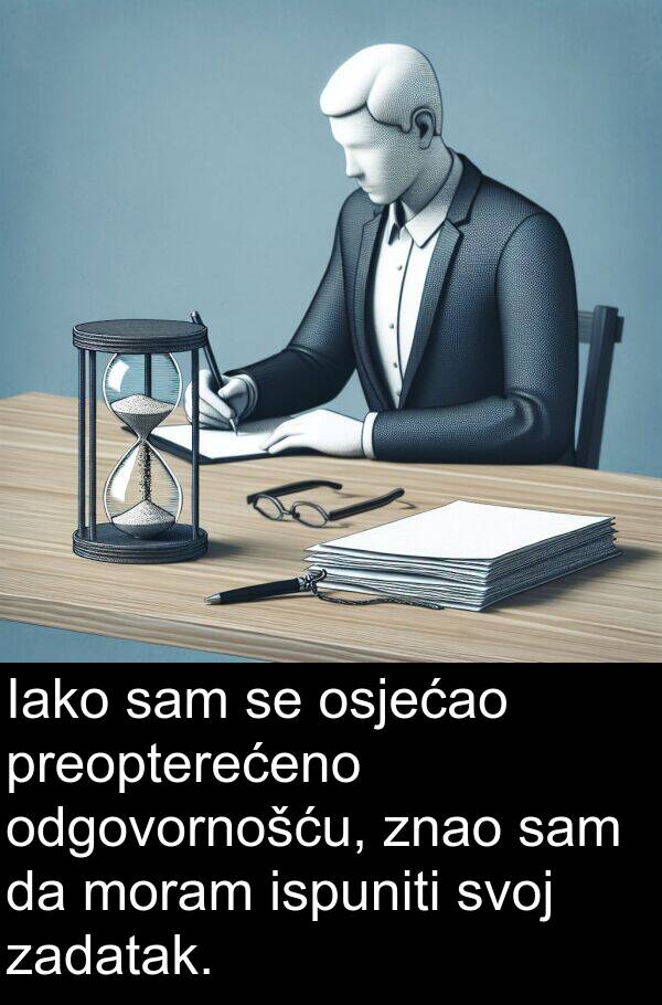 zadatak: Iako sam se osjećao preopterećeno odgovornošću, znao sam da moram ispuniti svoj zadatak.