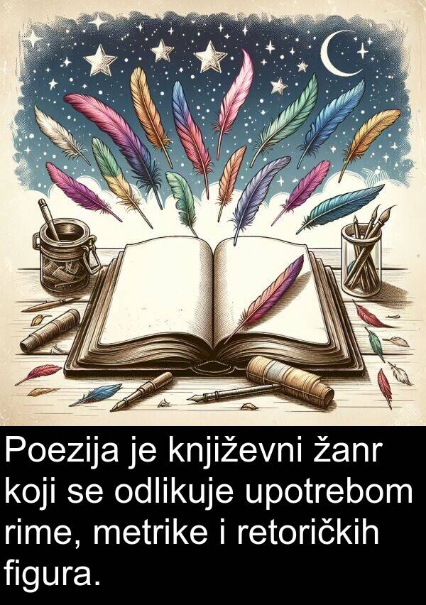 figura: Poezija je književni žanr koji se odlikuje upotrebom rime, metrike i retoričkih figura.