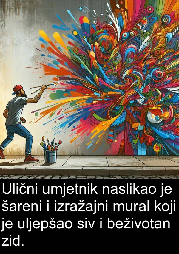 beživotan: Ulični umjetnik naslikao je šareni i izražajni mural koji je uljepšao siv i beživotan zid.