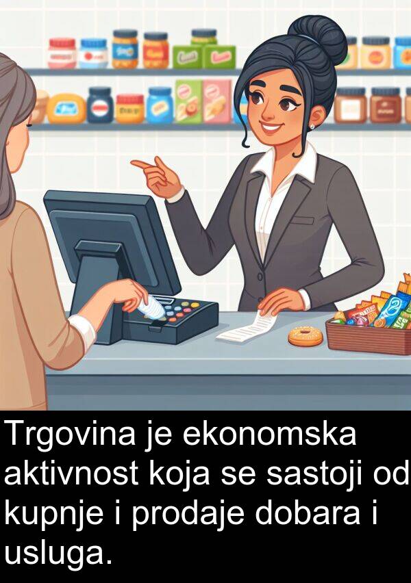 aktivnost: Trgovina je ekonomska aktivnost koja se sastoji od kupnje i prodaje dobara i usluga.
