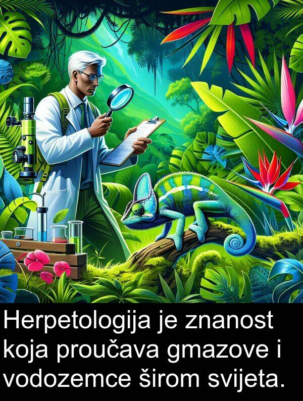 širom: Herpetologija je znanost koja proučava gmazove i vodozemce širom svijeta.