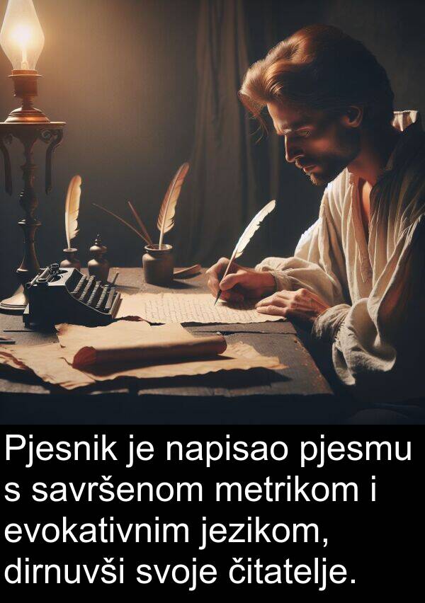 evokativnim: Pjesnik je napisao pjesmu s savršenom metrikom i evokativnim jezikom, dirnuvši svoje čitatelje.
