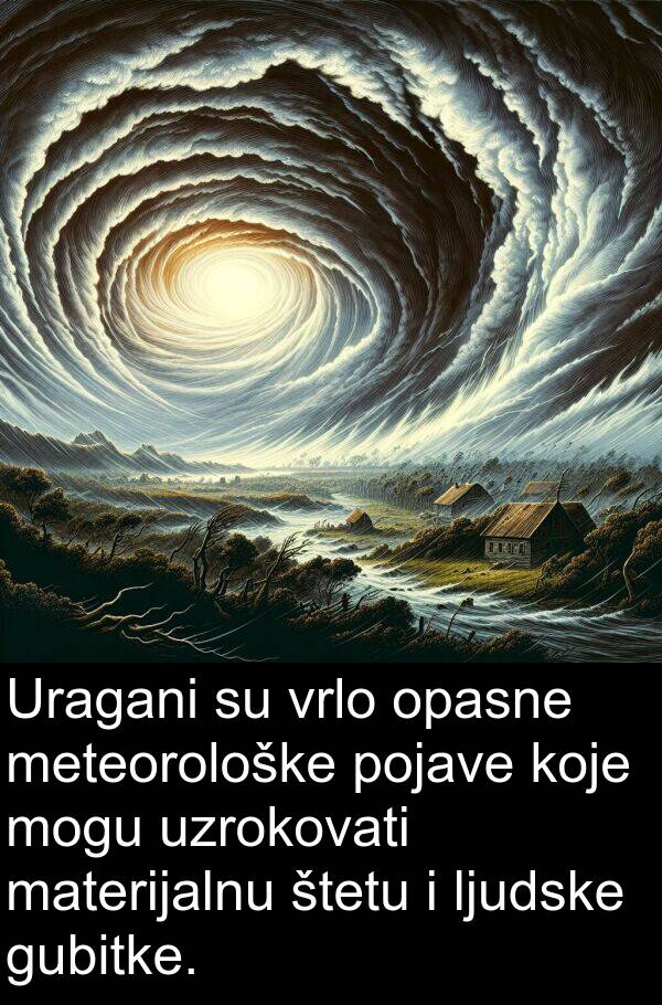 meteorološke: Uragani su vrlo opasne meteorološke pojave koje mogu uzrokovati materijalnu štetu i ljudske gubitke.