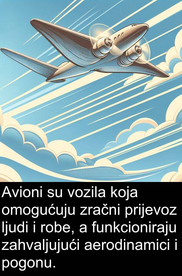 aerodinamici: Avioni su vozila koja omogućuju zračni prijevoz ljudi i robe, a funkcioniraju zahvaljujući aerodinamici i pogonu.