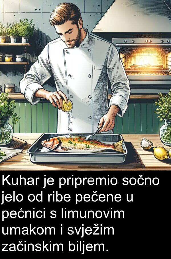 biljem: Kuhar je pripremio sočno jelo od ribe pečene u pećnici s limunovim umakom i svježim začinskim biljem.