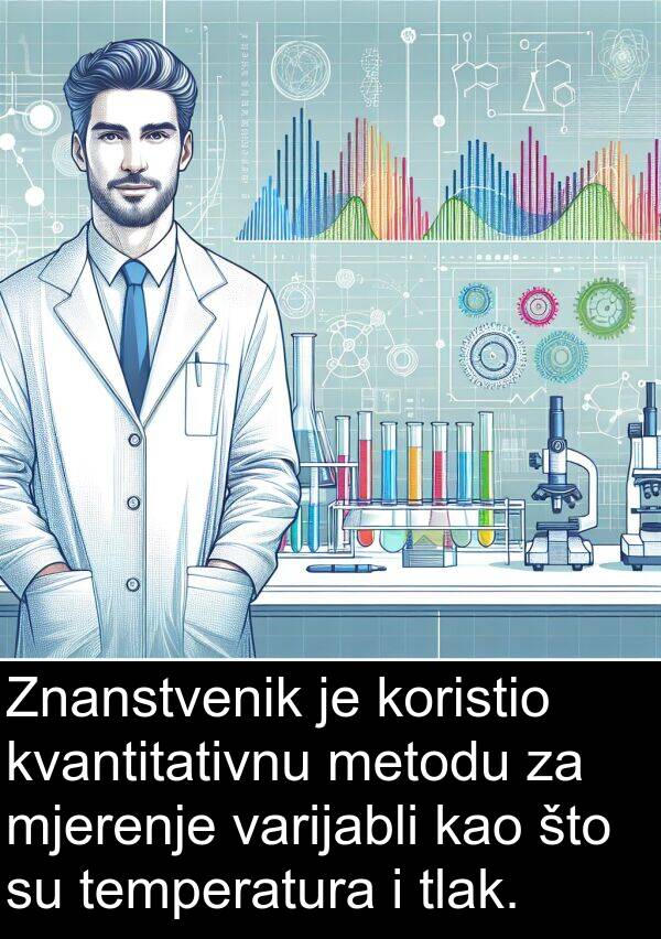 temperatura: Znanstvenik je koristio kvantitativnu metodu za mjerenje varijabli kao što su temperatura i tlak.