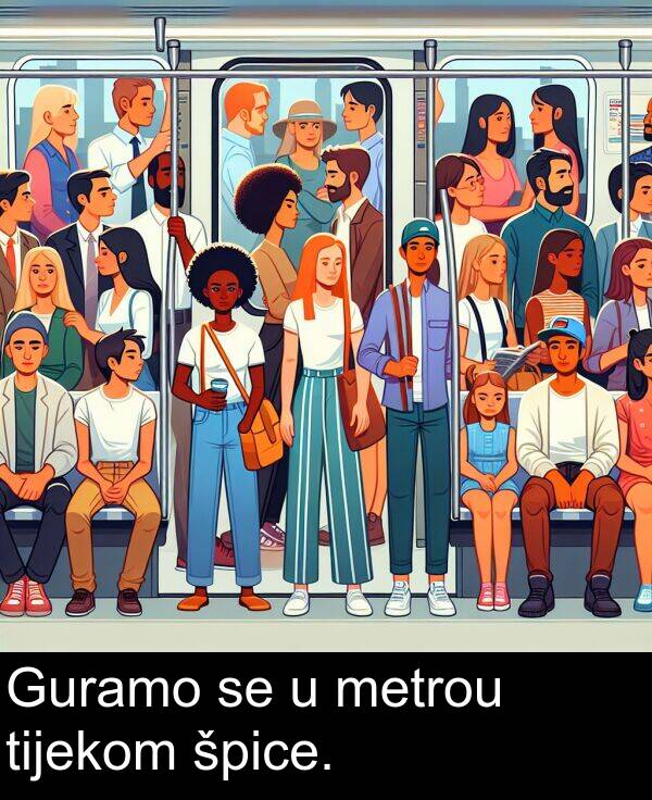 tijekom: Guramo se u metrou tijekom špice.
