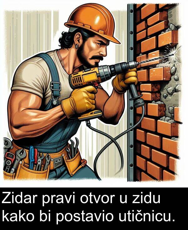 zidu: Zidar pravi otvor u zidu kako bi postavio utičnicu.