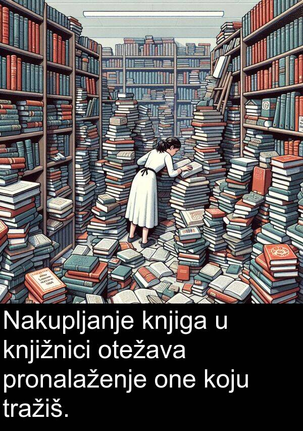 knjižnici: Nakupljanje knjiga u knjižnici otežava pronalaženje one koju tražiš.