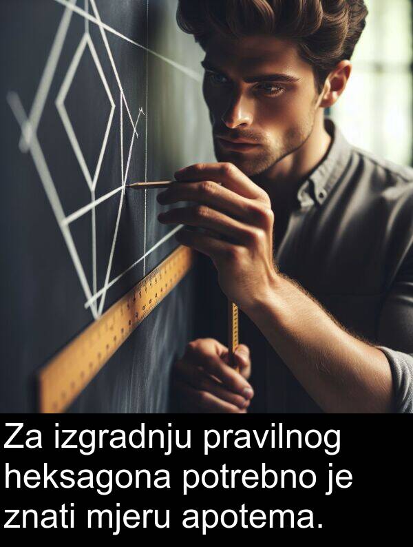 apotema: Za izgradnju pravilnog heksagona potrebno je znati mjeru apotema.
