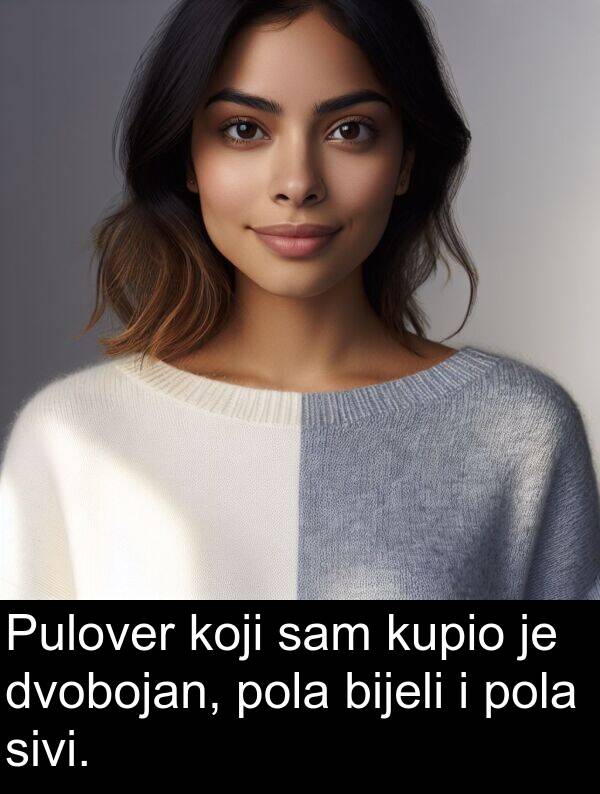 kupio: Pulover koji sam kupio je dvobojan, pola bijeli i pola sivi.