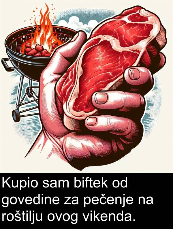 biftek: Kupio sam biftek od govedine za pečenje na roštilju ovog vikenda.