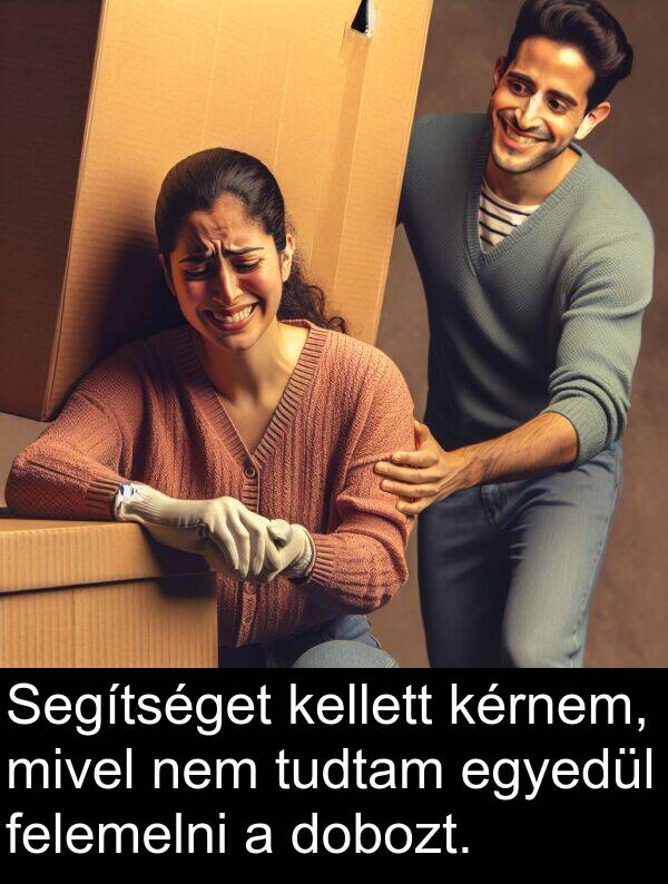 dobozt: Segítséget kellett kérnem, mivel nem tudtam egyedül felemelni a dobozt.