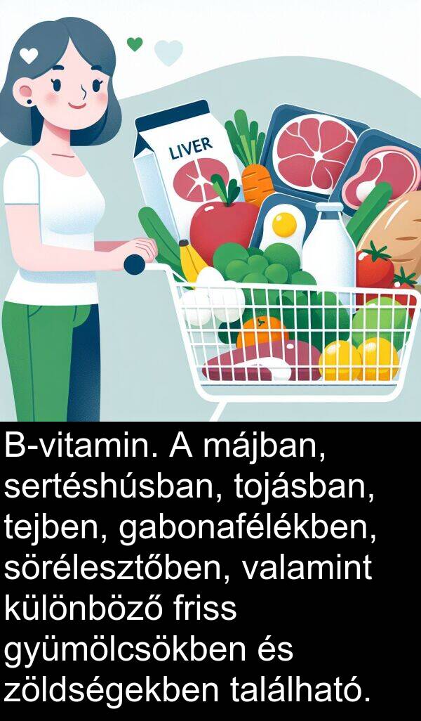 májban: B-vitamin. A májban, sertéshúsban, tojásban, tejben, gabonafélékben, sörélesztőben, valamint különböző friss gyümölcsökben és zöldségekben található.