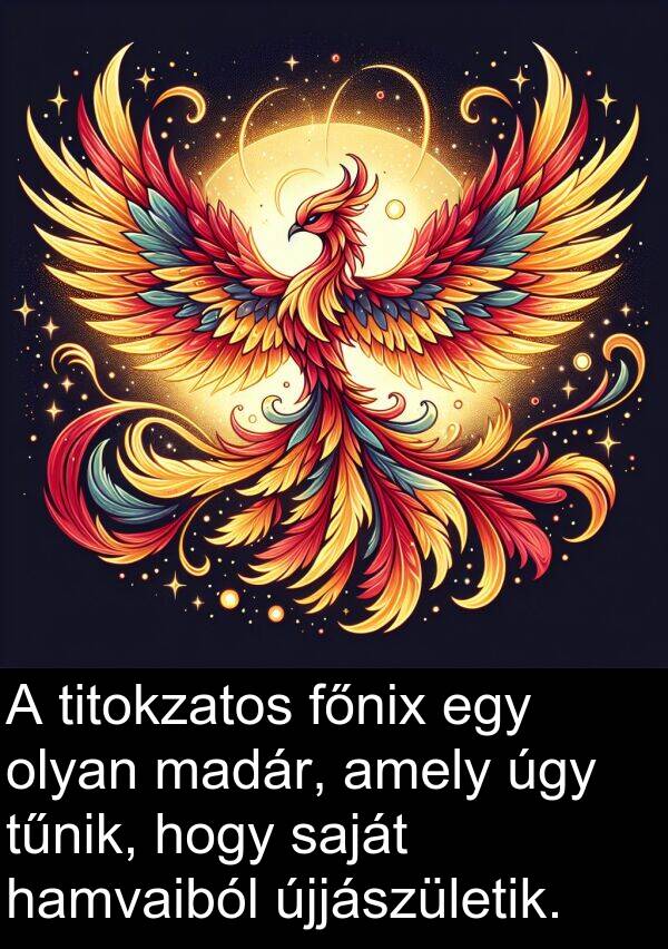úgy: A titokzatos főnix egy olyan madár, amely úgy tűnik, hogy saját hamvaiból újjászületik.