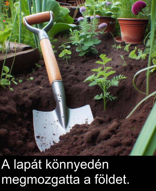 megmozgatta: A lapát könnyedén megmozgatta a földet.
