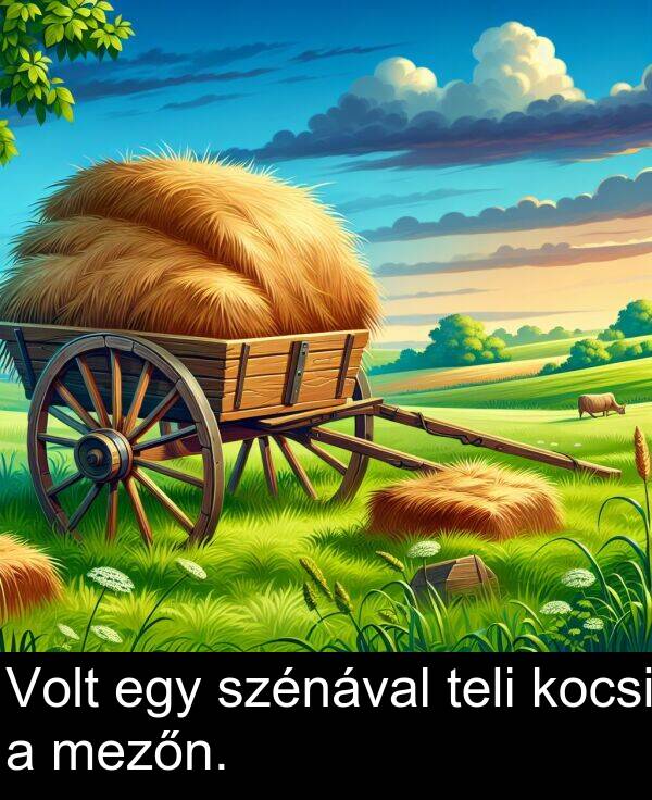 szénával: Volt egy szénával teli kocsi a mezőn.