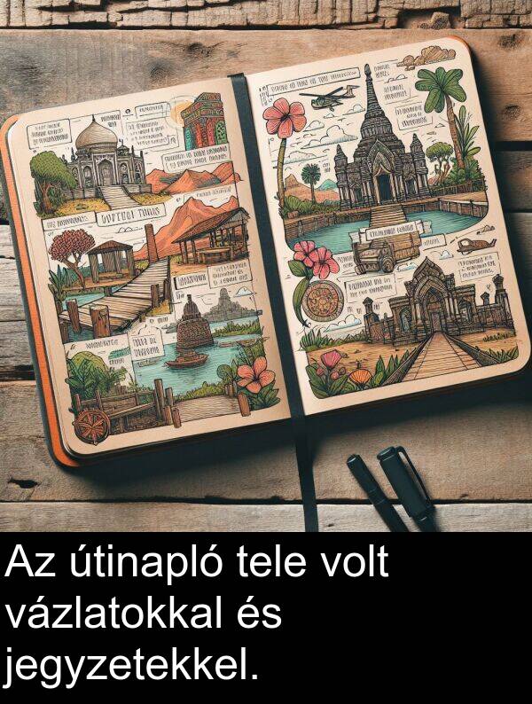 jegyzetekkel: Az útinapló tele volt vázlatokkal és jegyzetekkel.