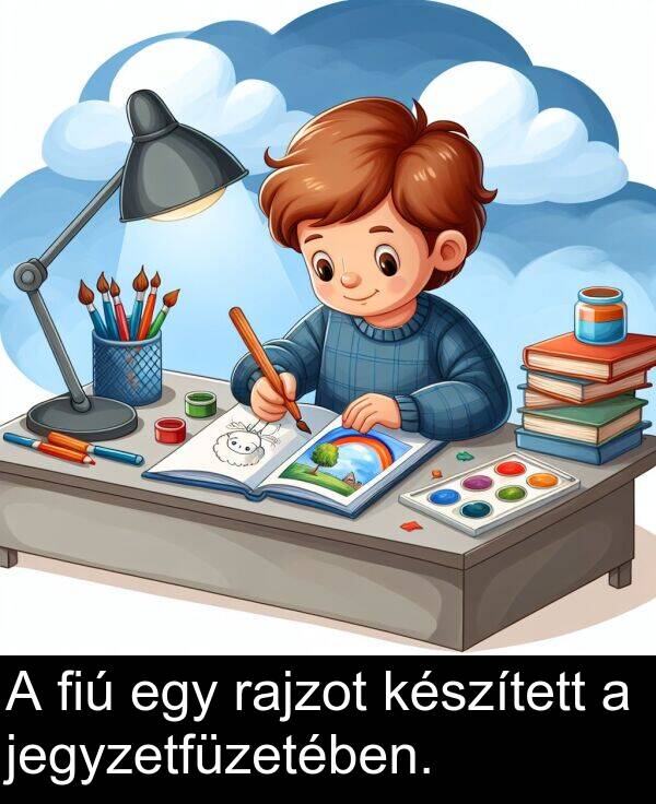 rajzot: A fiú egy rajzot készített a jegyzetfüzetében.