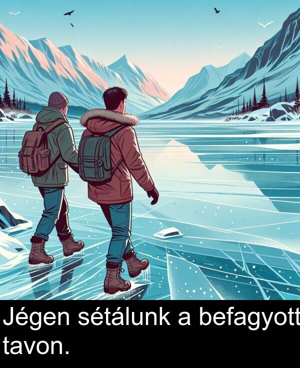 tavon: Jégen sétálunk a befagyott tavon.