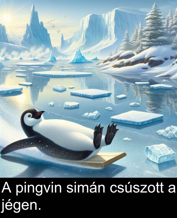 jégen: A pingvin simán csúszott a jégen.