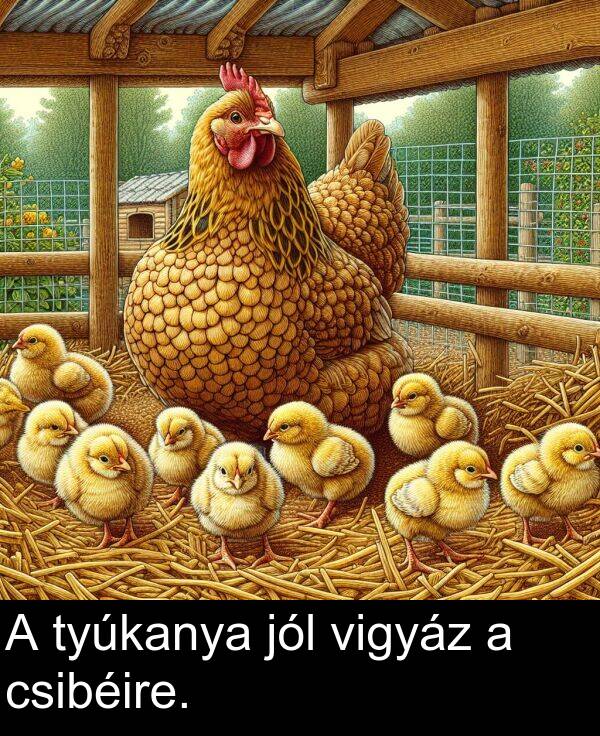 csibéire: A tyúkanya jól vigyáz a csibéire.