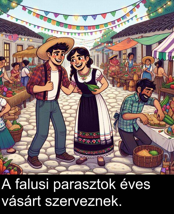 vásárt: A falusi parasztok éves vásárt szerveznek.