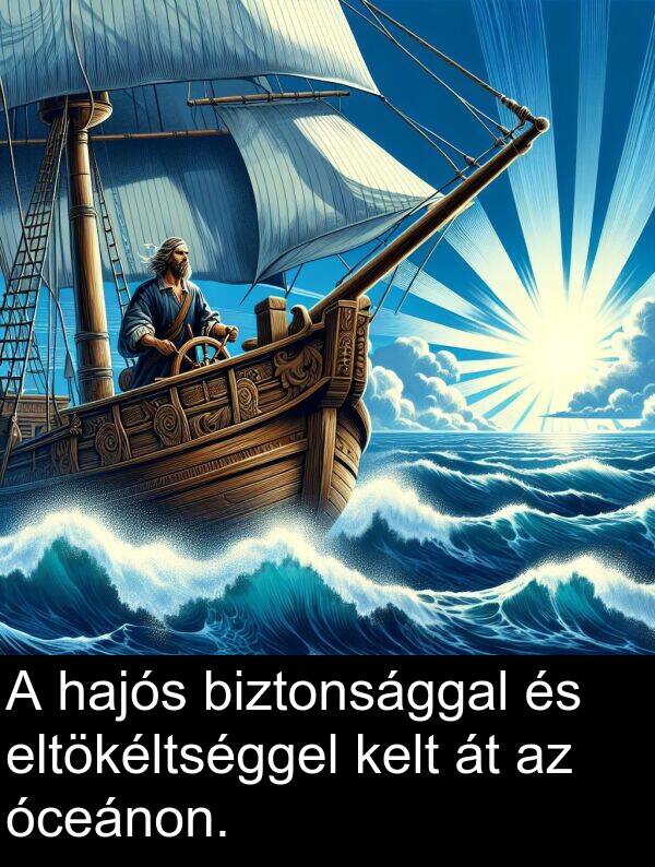 óceánon: A hajós biztonsággal és eltökéltséggel kelt át az óceánon.