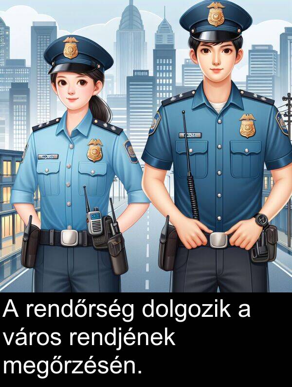 megőrzésén: A rendőrség dolgozik a város rendjének megőrzésén.