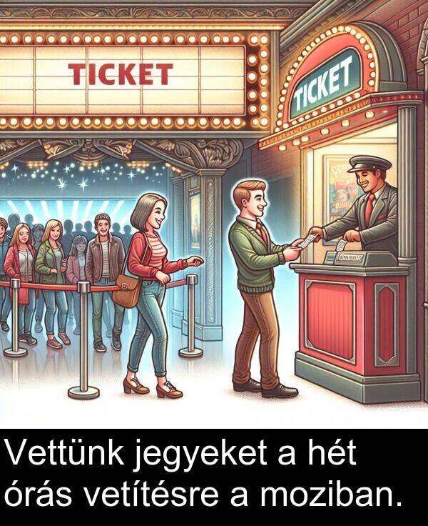 jegyeket: Vettünk jegyeket a hét órás vetítésre a moziban.